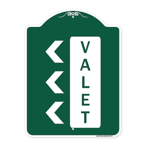 Designer Series Sign-Valet Left Arrow, Green & White Aluminum Sign, 18" x 24", GW-1824-22770
